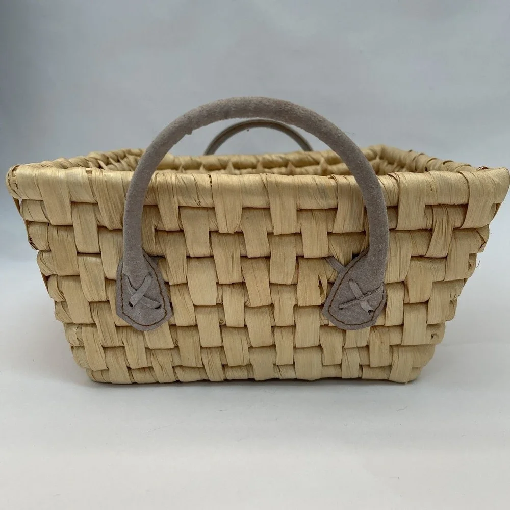 Natural Square Wicker Woven‎ Basket with Handles Leather 10